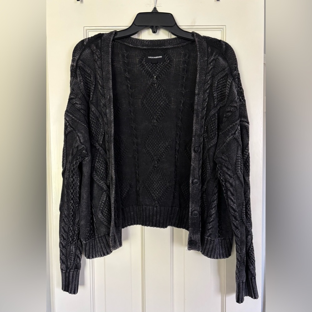 Lucky Brand Black Acid Wash Cropped Cardigan | Cable Knit | Medium